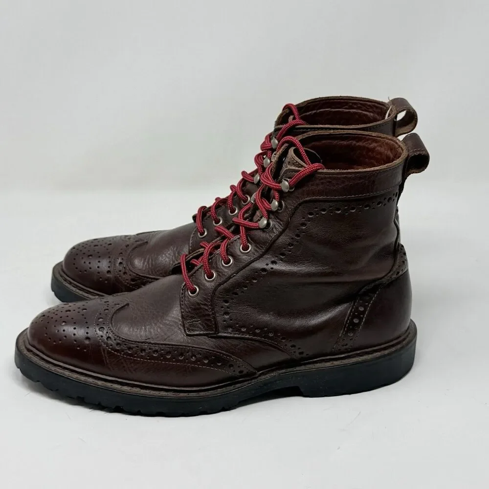Allen Edmonds Long Branch Boots Mens 9.5 D Brown Leather Wingtip Vibram Lug Sole
